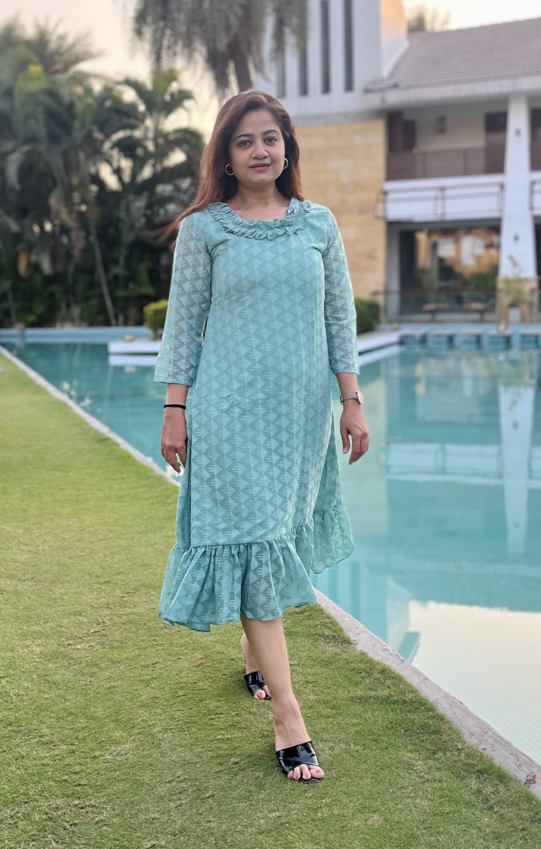 Women A Line Georgette Fabric Neck Gathering Patten Trending Dress For Attractive Look And Casual Look
