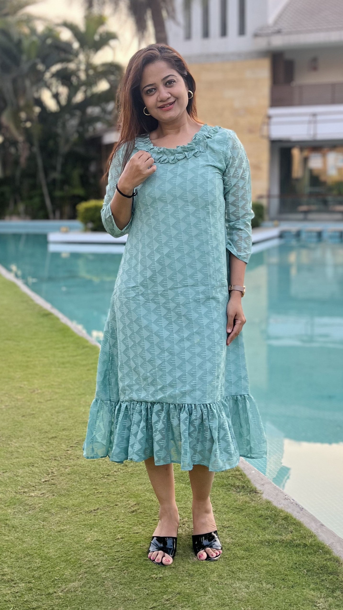 Women A Line Georgette Fabric Neck Gathering Patten Trending Dress For Attractive Look And Casual Look