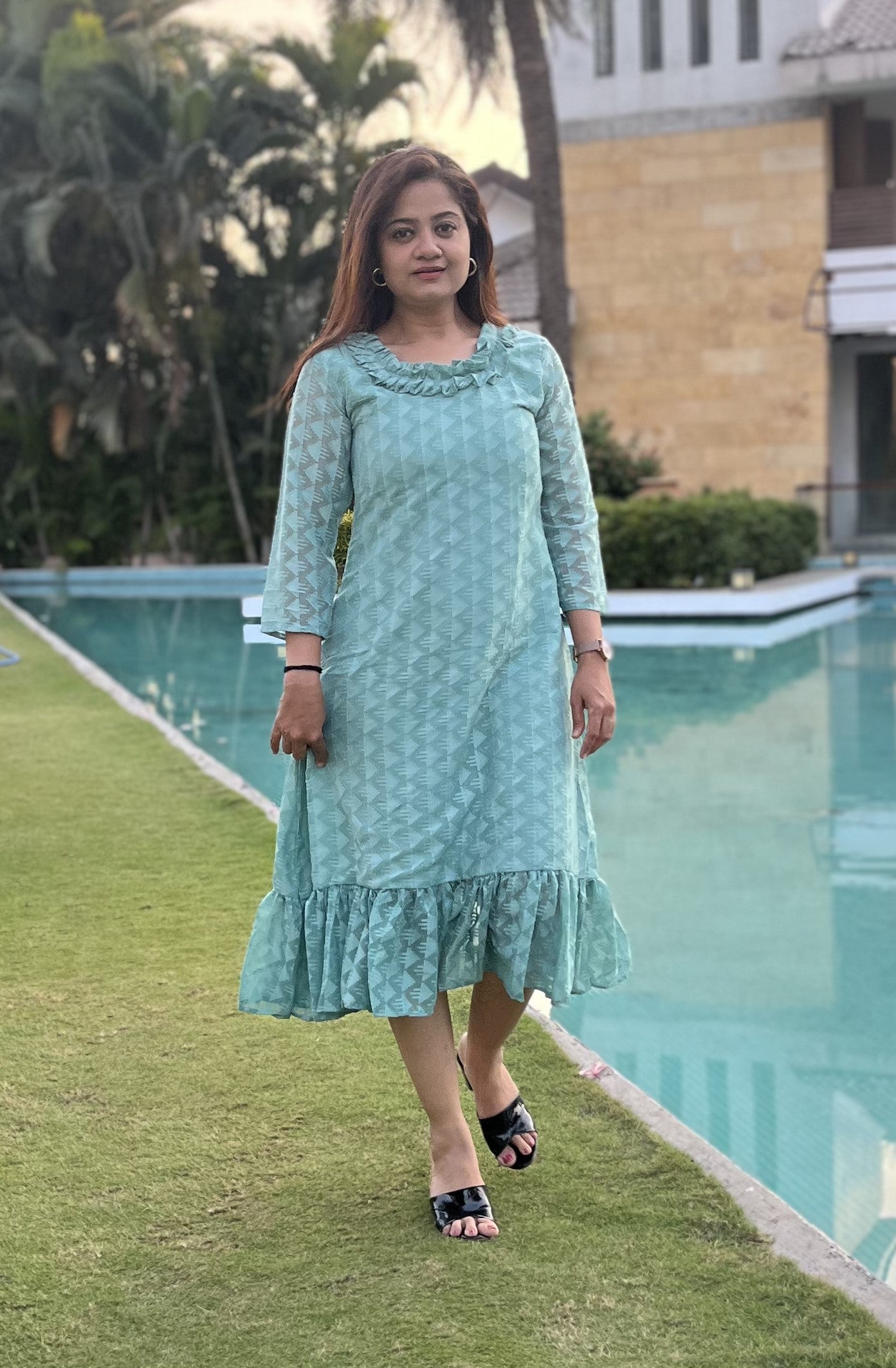 Women A Line Georgette Fabric Neck Gathering Patten Trending Dress For Attractive Look And Casual Look