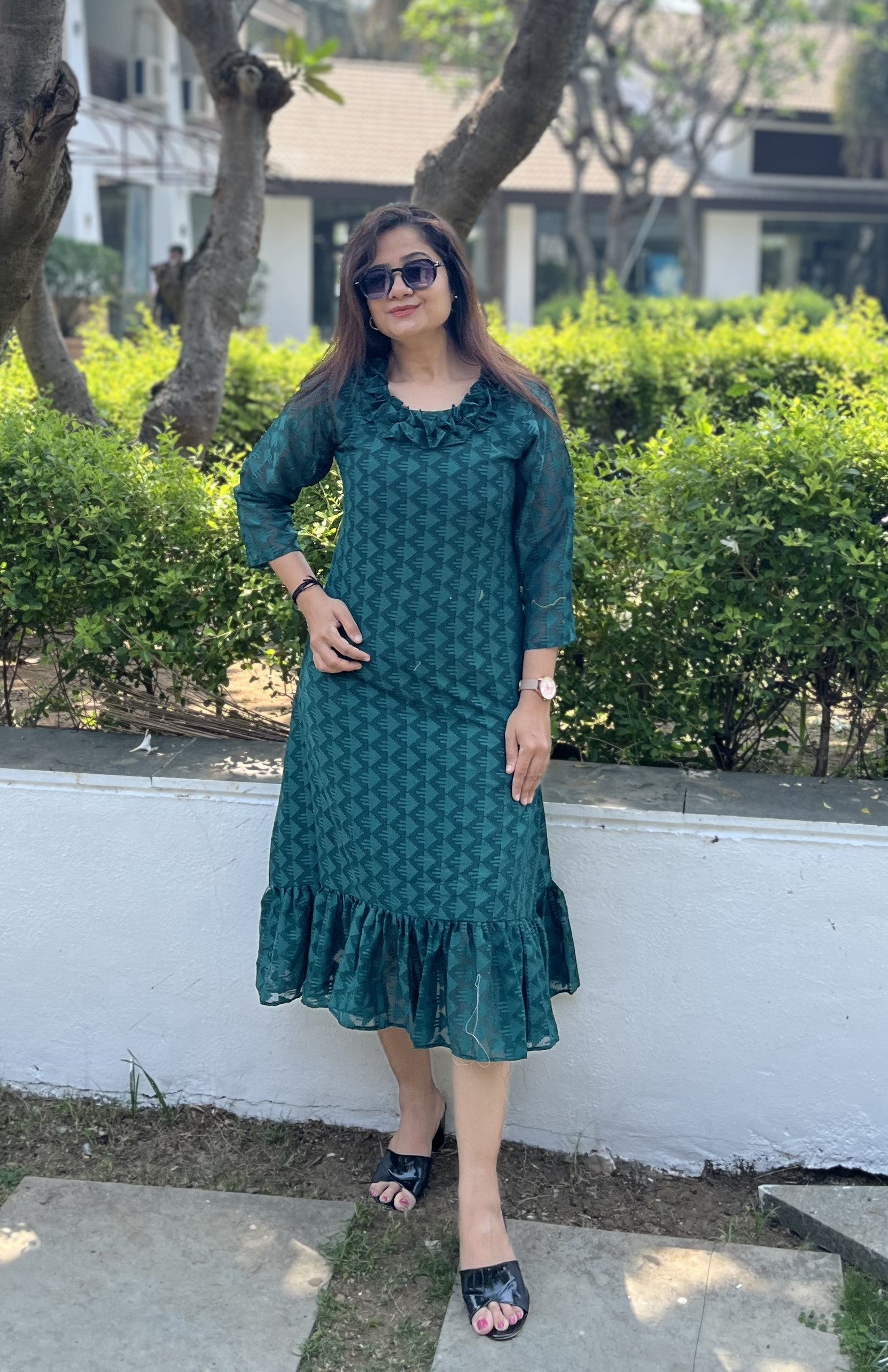 Women A Line Georgette Fabric Neck Gathering Patten Trending Dress For Attractive Look And Casual Look