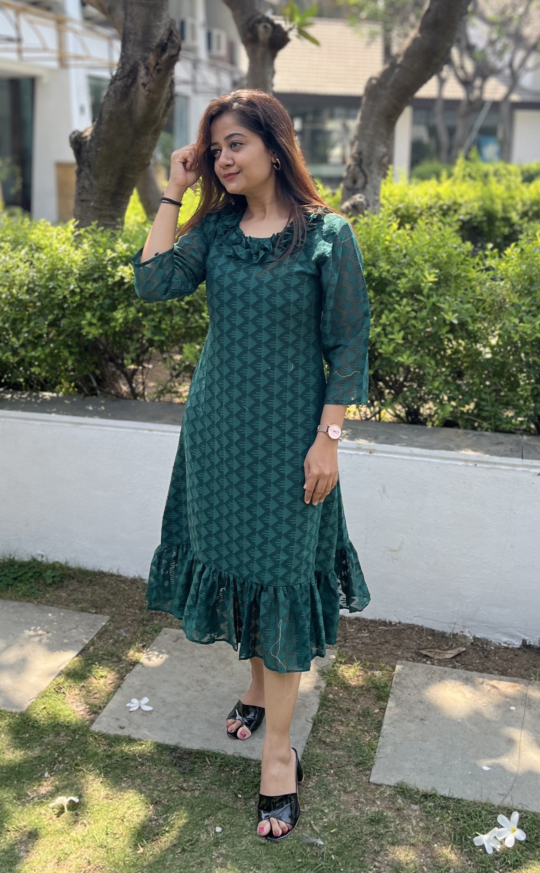 Women A Line Georgette Fabric Neck Gathering Patten Trending Dress For Attractive Look And Casual Look