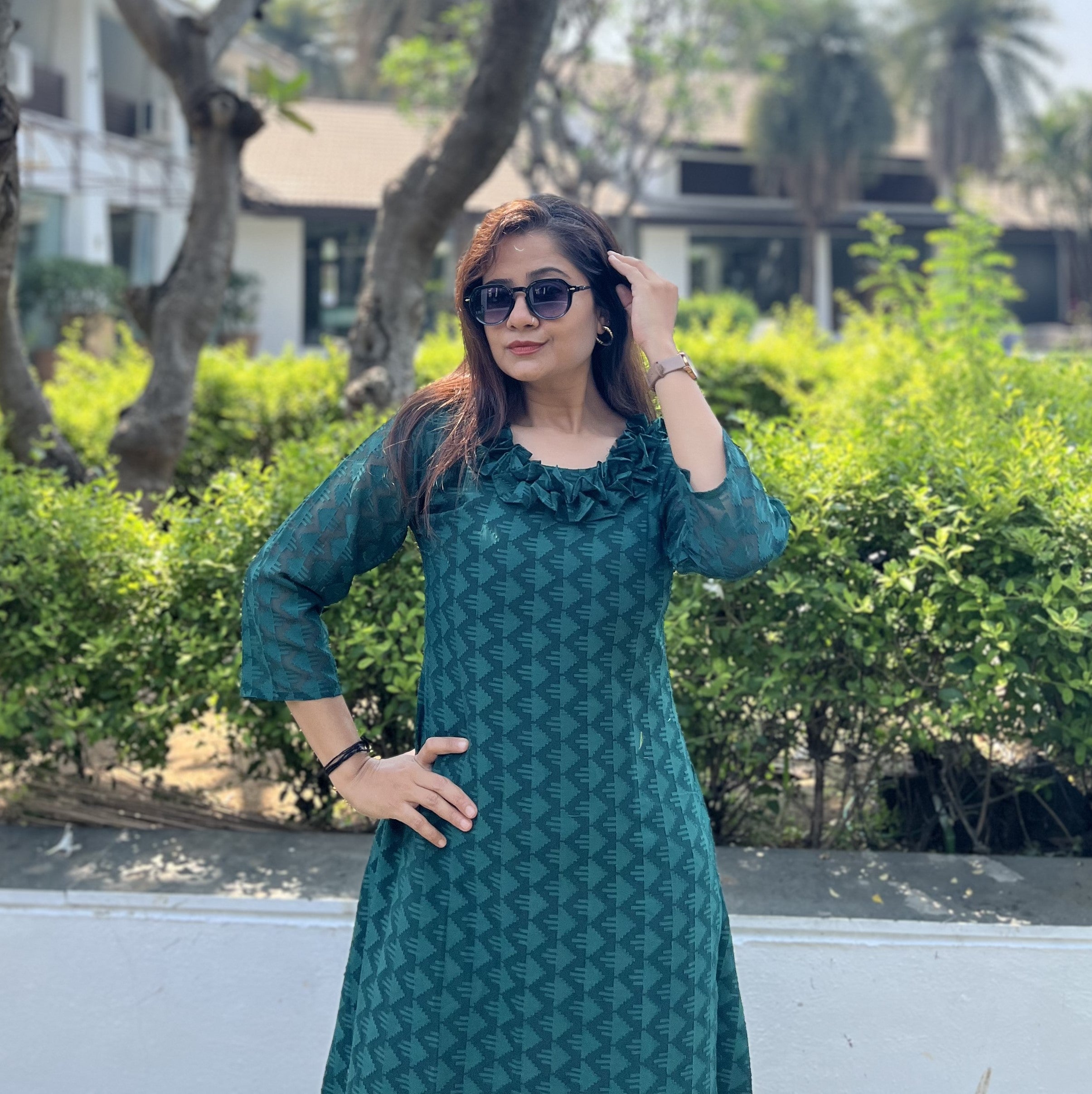Women A Line Georgette Fabric Neck Gathering Patten Trending Dress For Attractive Look And Casual Look