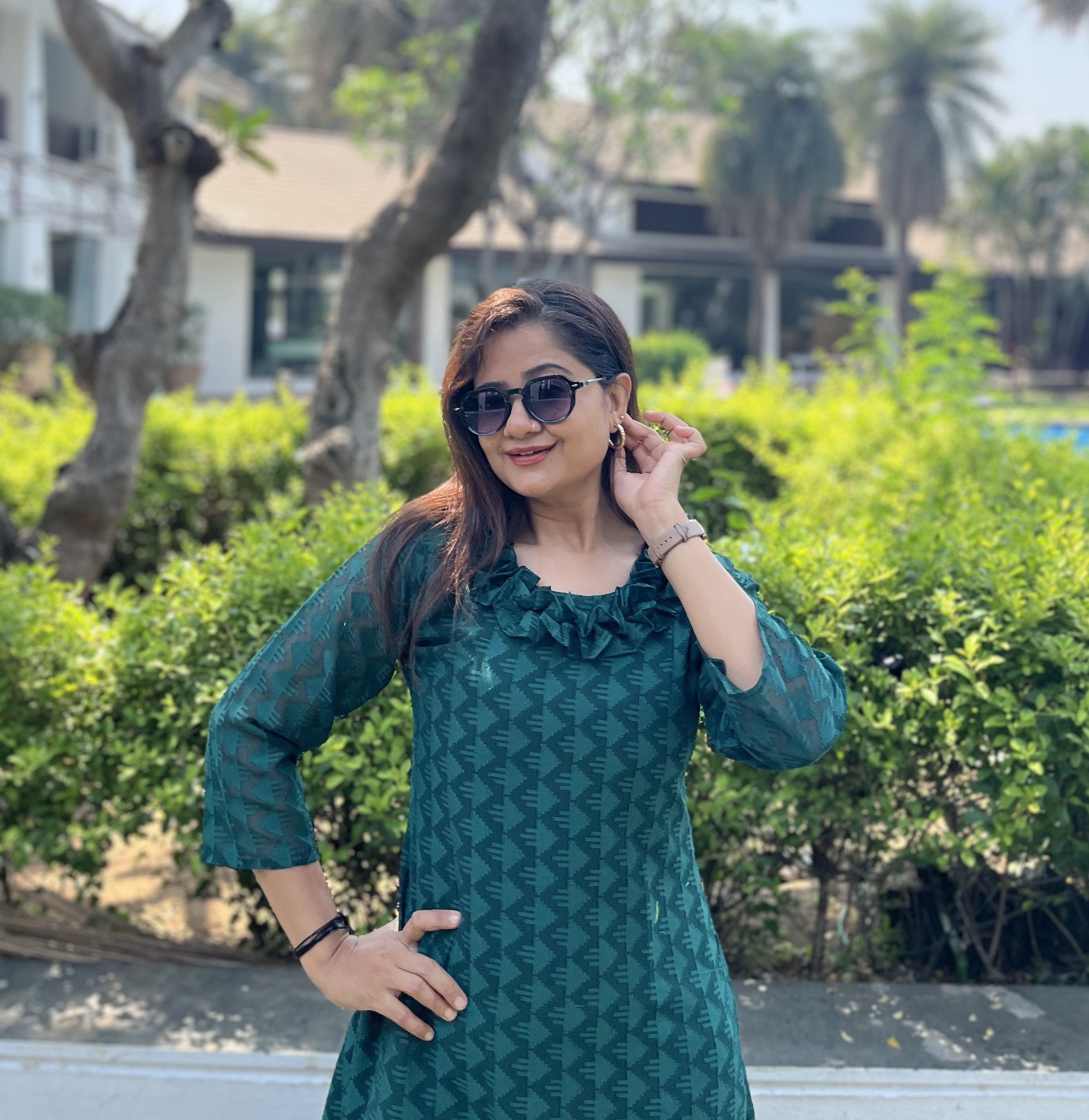 Women A Line Georgette Fabric Neck Gathering Patten Trending Dress For Attractive Look And Casual Look
