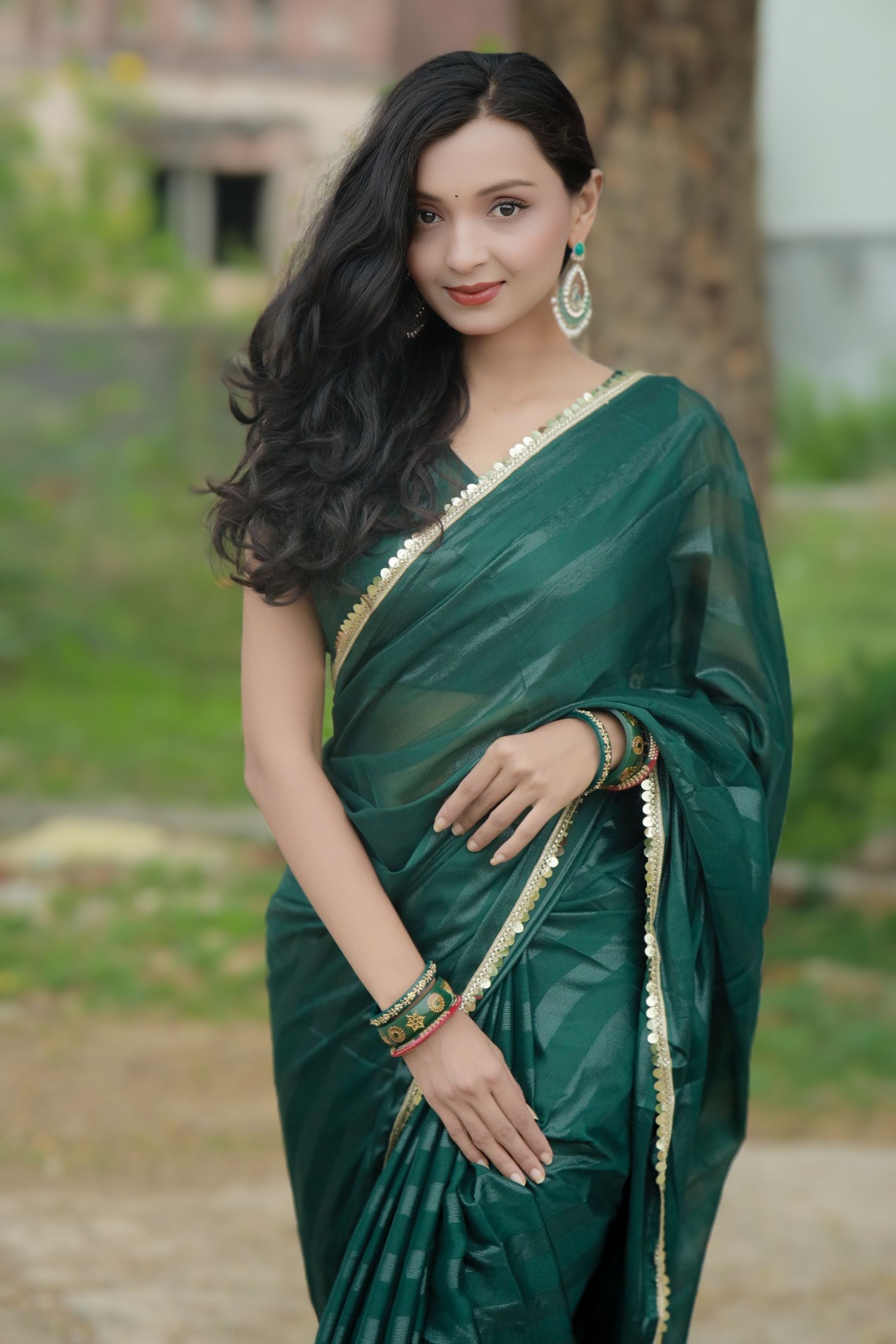 Bhanderi Fashion Moss Chiffon Zari Lining Saree With Sandwich Sequence Lace Border For Casual wear, function wear, and daily wear