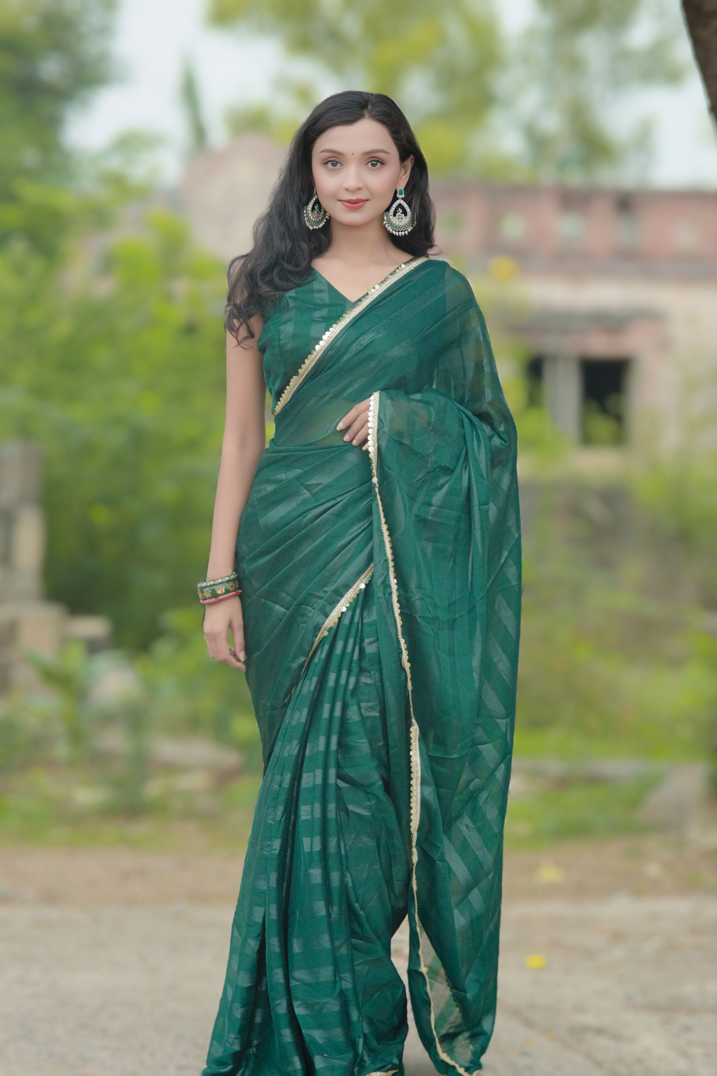 Bhanderi Fashion Moss Chiffon Zari Lining Saree With Sandwich Sequence Lace Border For Casual wear, function wear, and daily wear