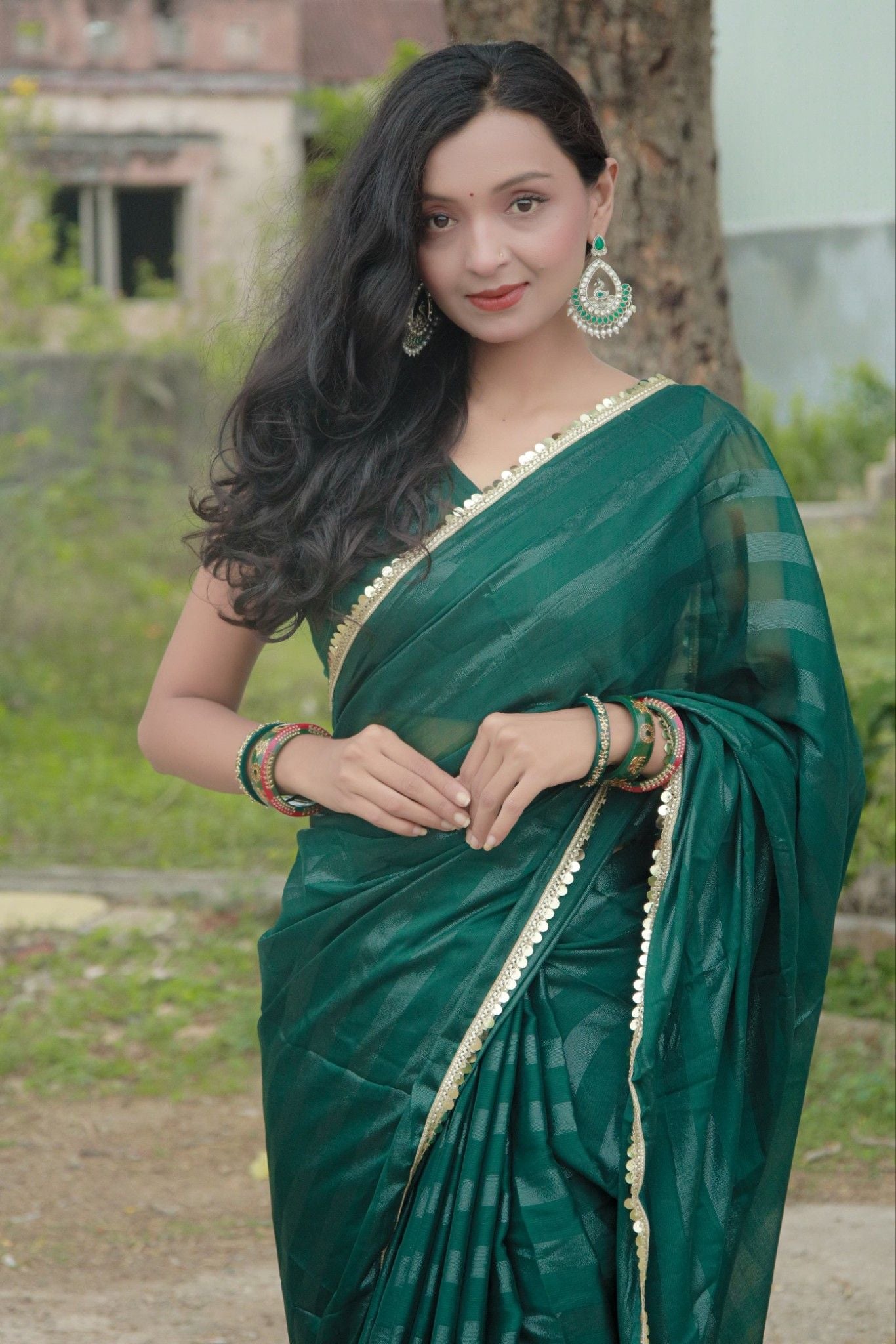 Bhanderi Fashion Moss Chiffon Zari Lining Saree With Sandwich Sequence Lace Border For Casual wear, function wear, and daily wear
