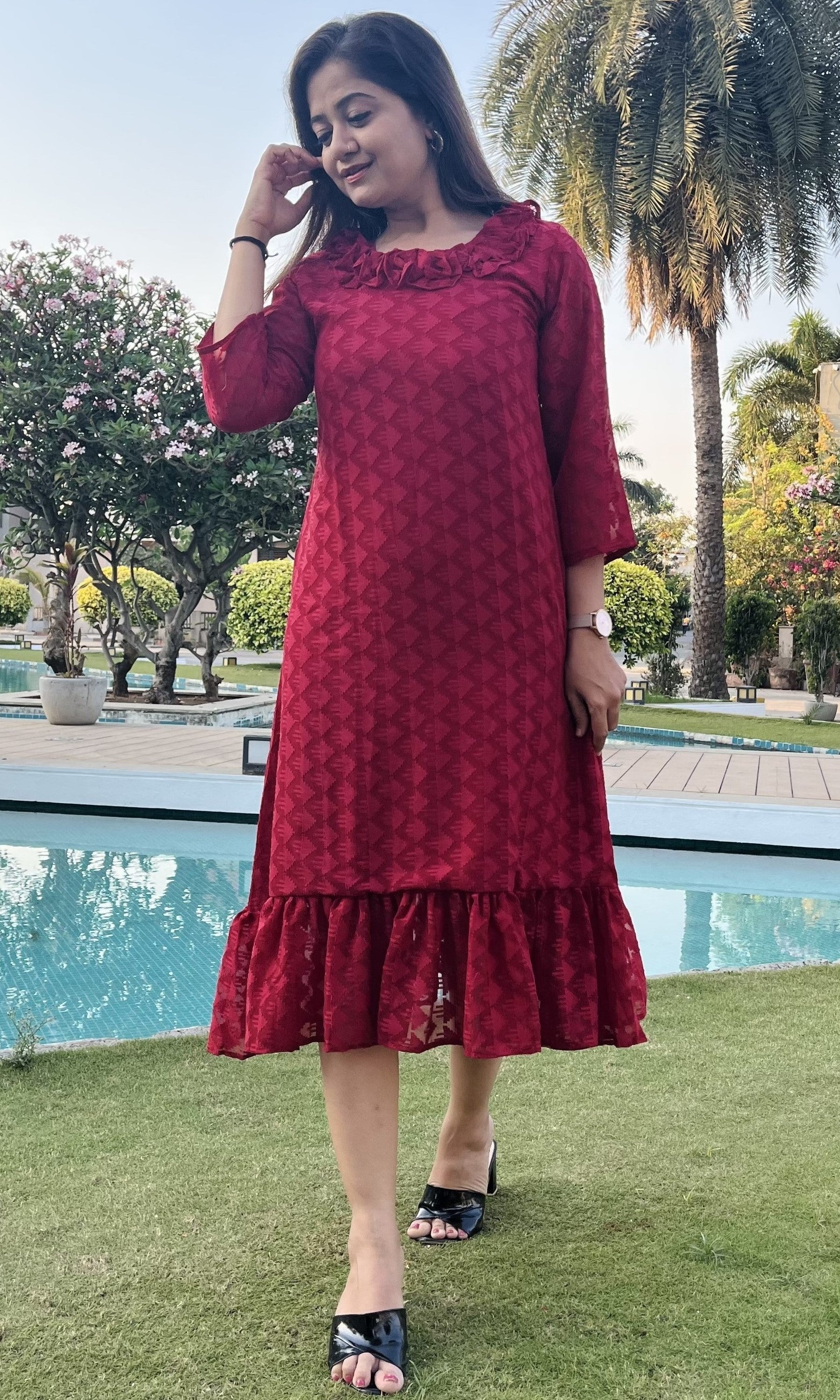 Women A Line Georgette Fabric Neck Gathering Patten Trending Dress For Attractive Look And Casual Look
