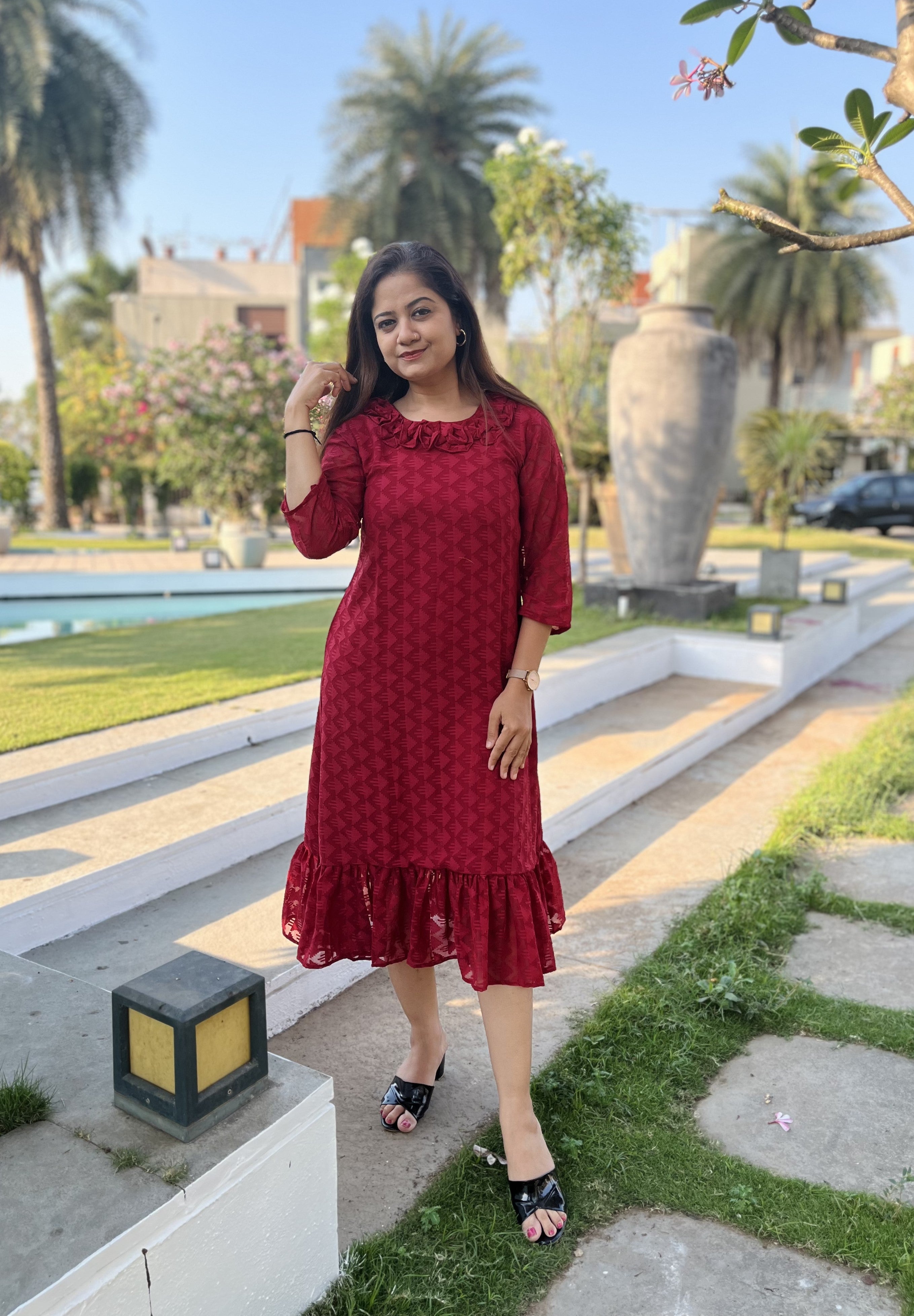 Women A Line Georgette Fabric Neck Gathering Patten Trending Dress For Attractive Look And Casual Look