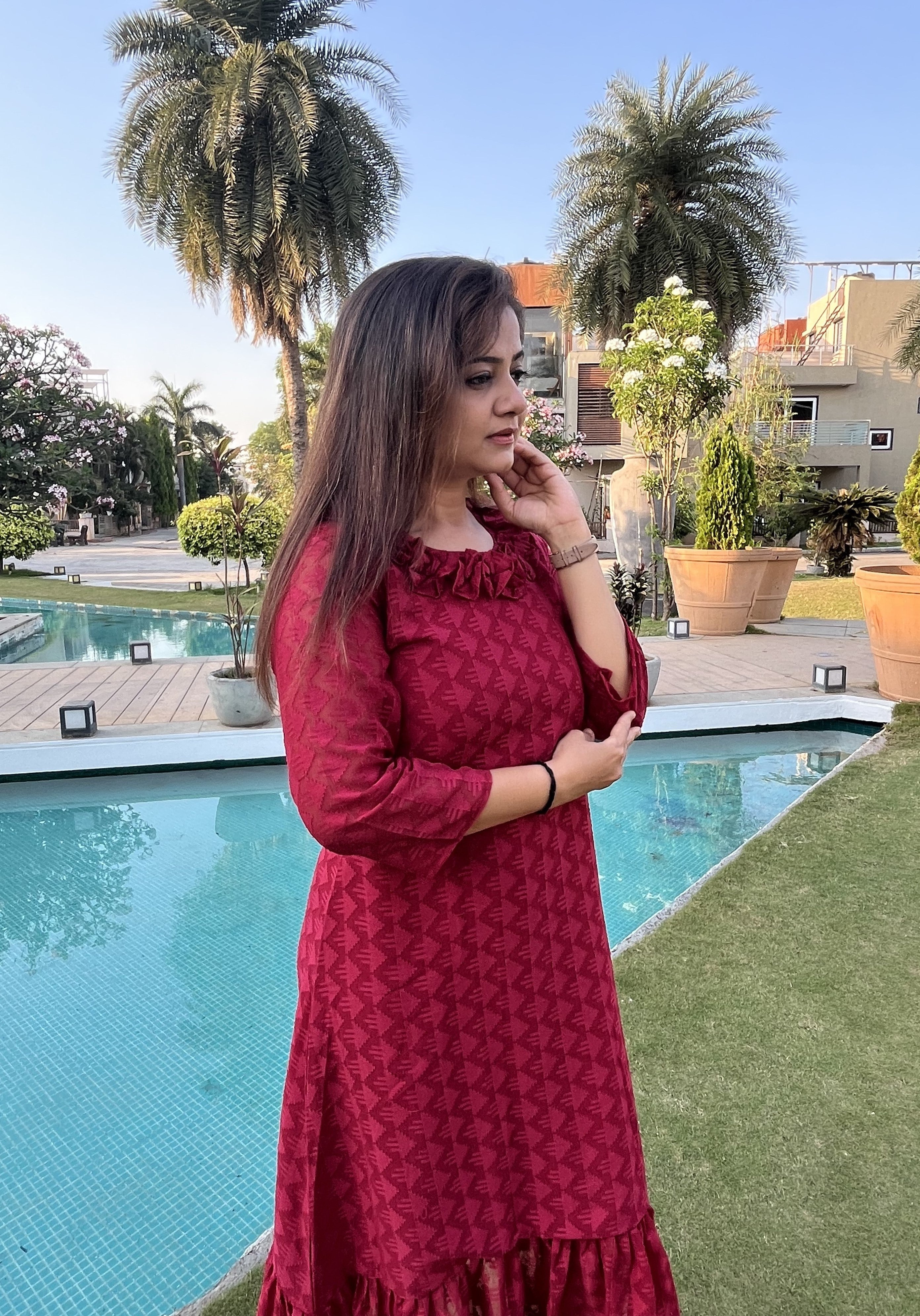Women A Line Georgette Fabric Neck Gathering Patten Trending Dress For Attractive Look And Casual Look