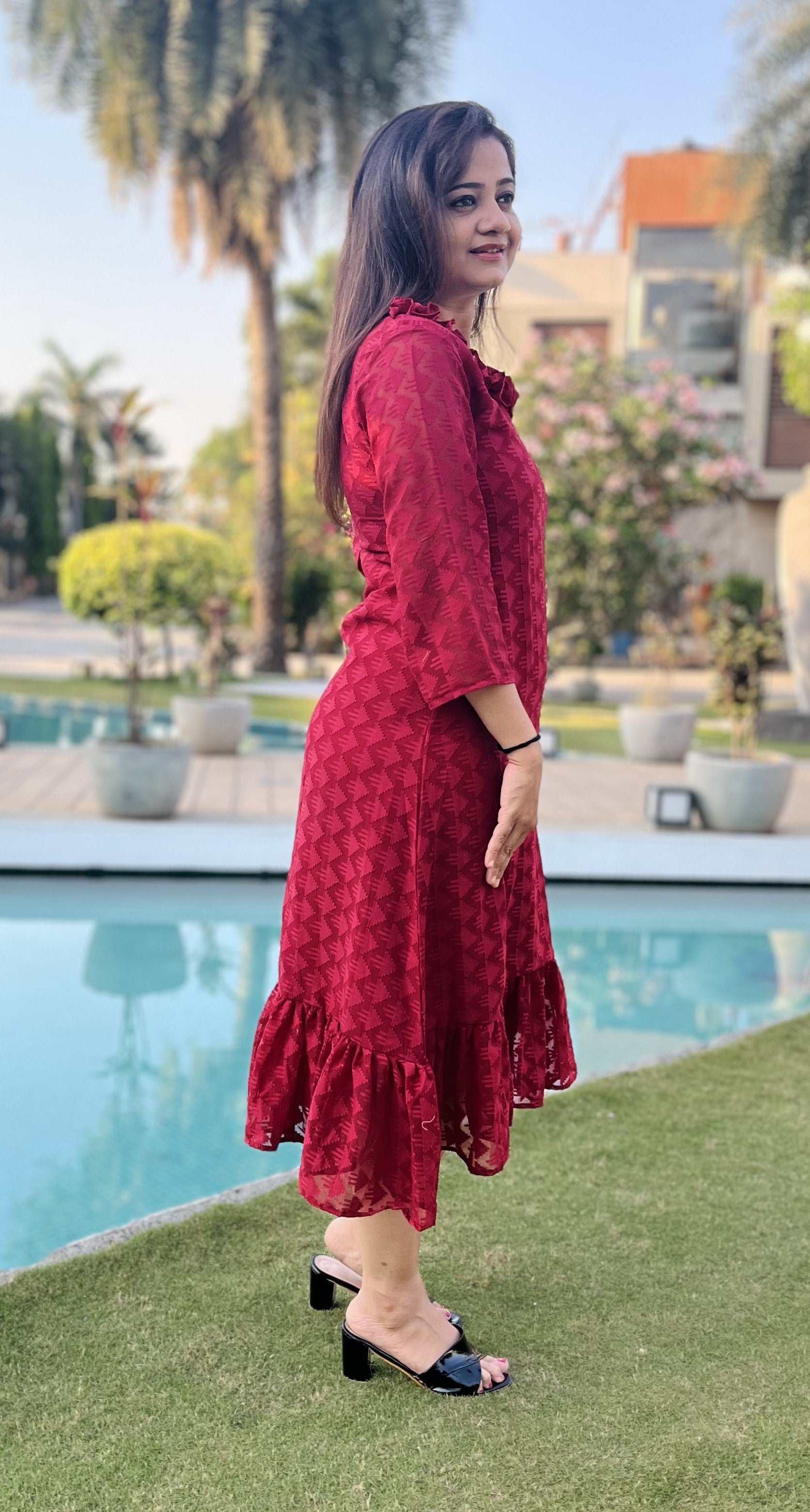 Women A Line Georgette Fabric Neck Gathering Patten Trending Dress For Attractive Look And Casual Look