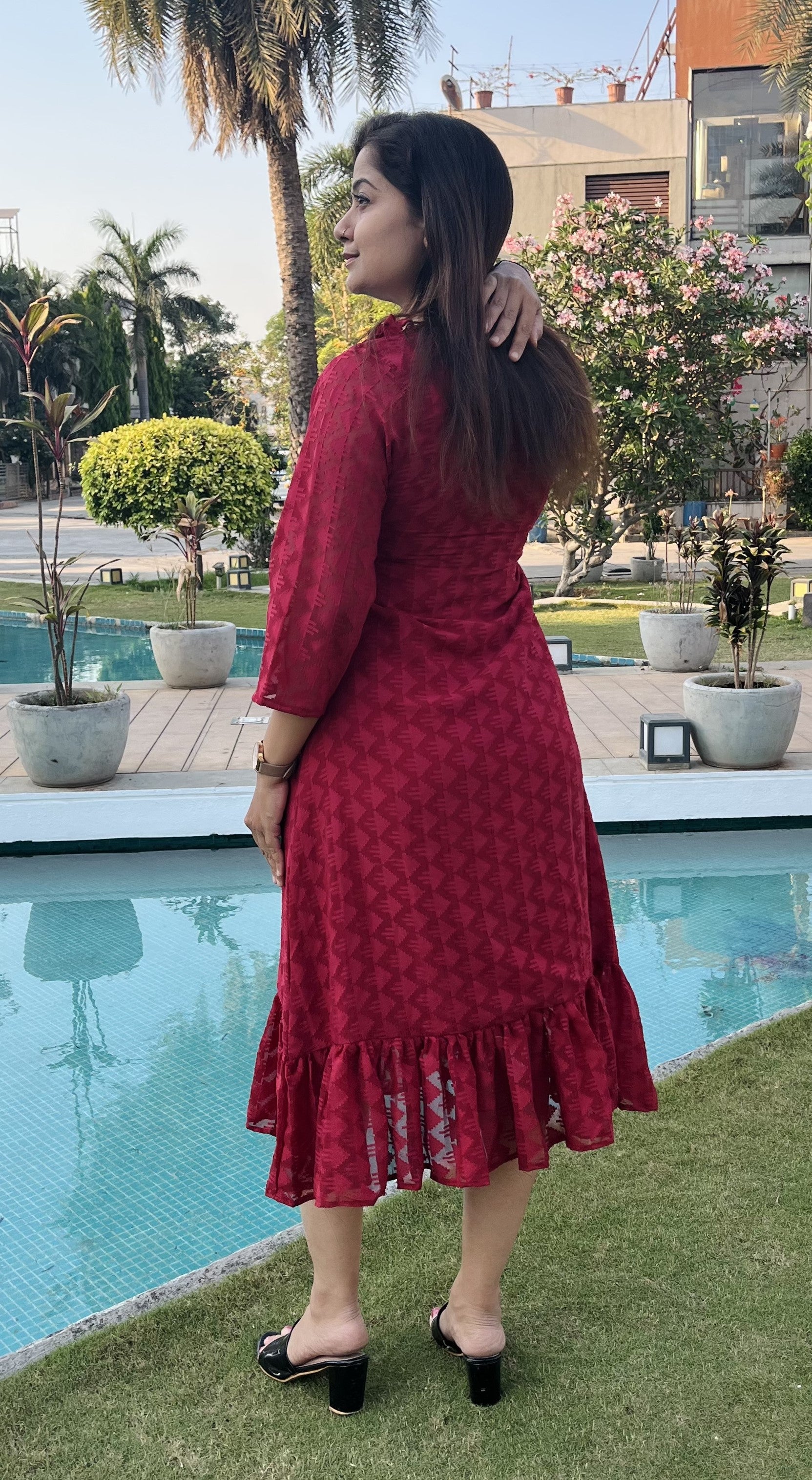 Women A Line Georgette Fabric Neck Gathering Patten Trending Dress For Attractive Look And Casual Look