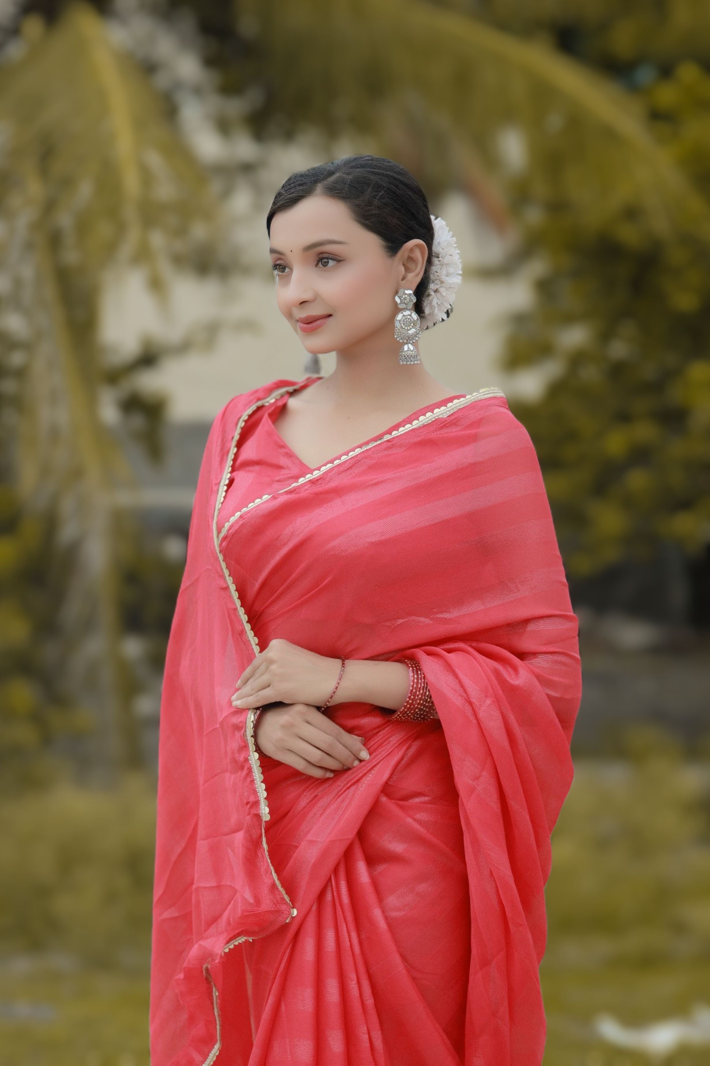 Bhanderi Fashion Moss Chiffon Zari Lining Saree With Sandwich Sequence Lace Border For Casual wear, function wear, and daily wear