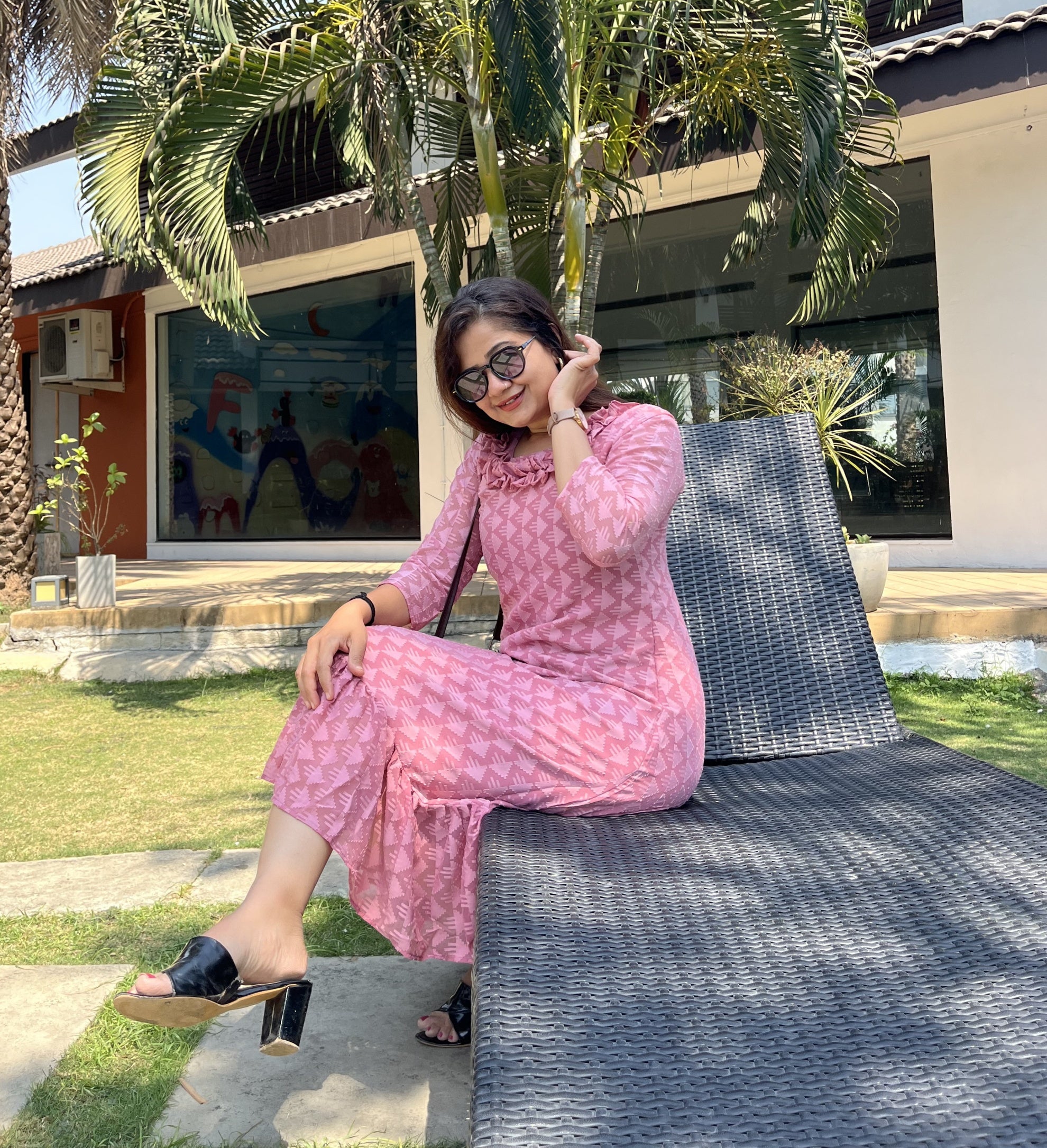 Women A Line Georgette Fabric Neck Gathering Patten Trending Dress For Attractive Look And Casual Look