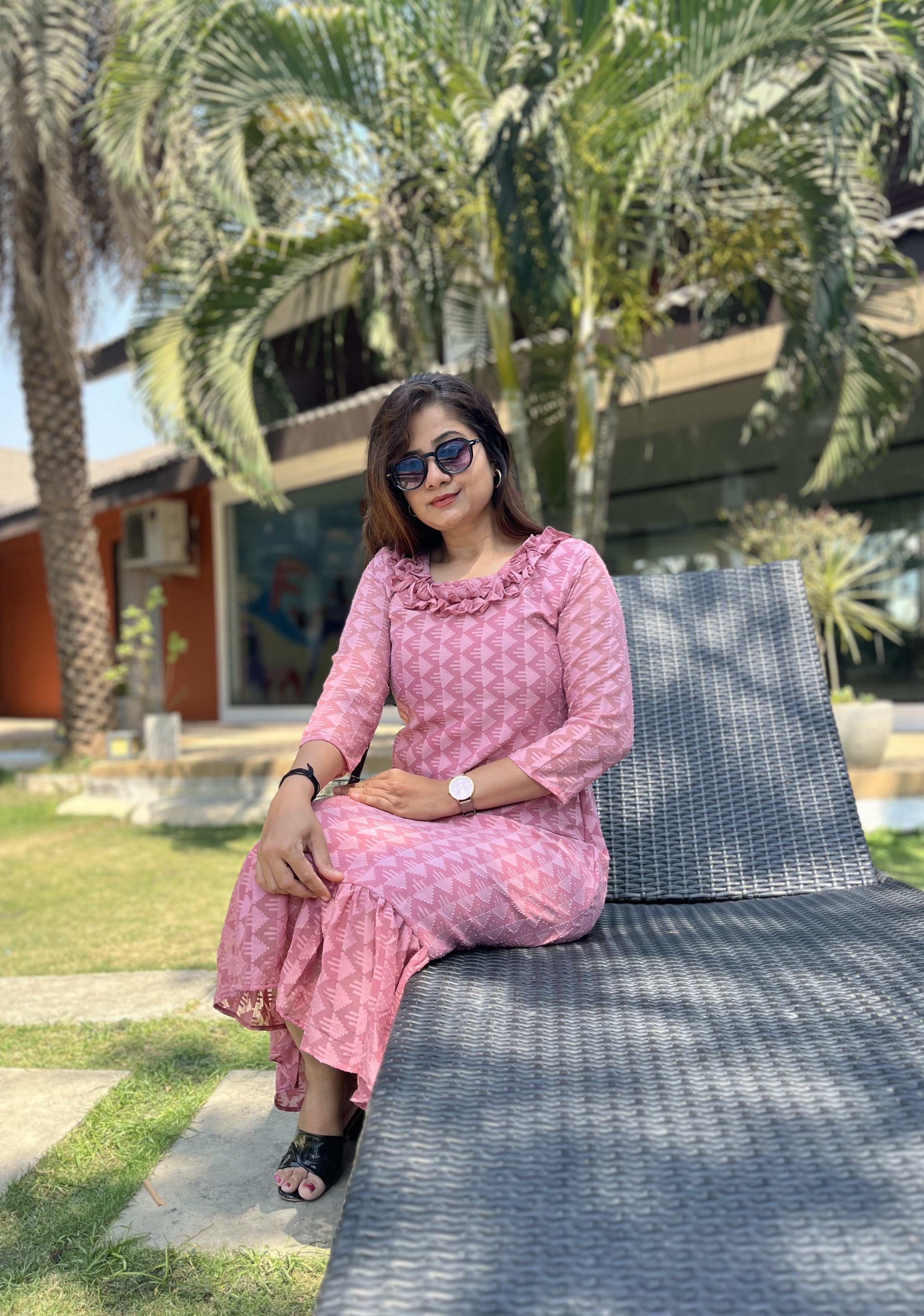 Women A Line Georgette Fabric Neck Gathering Patten Trending Dress For Attractive Look And Casual Look