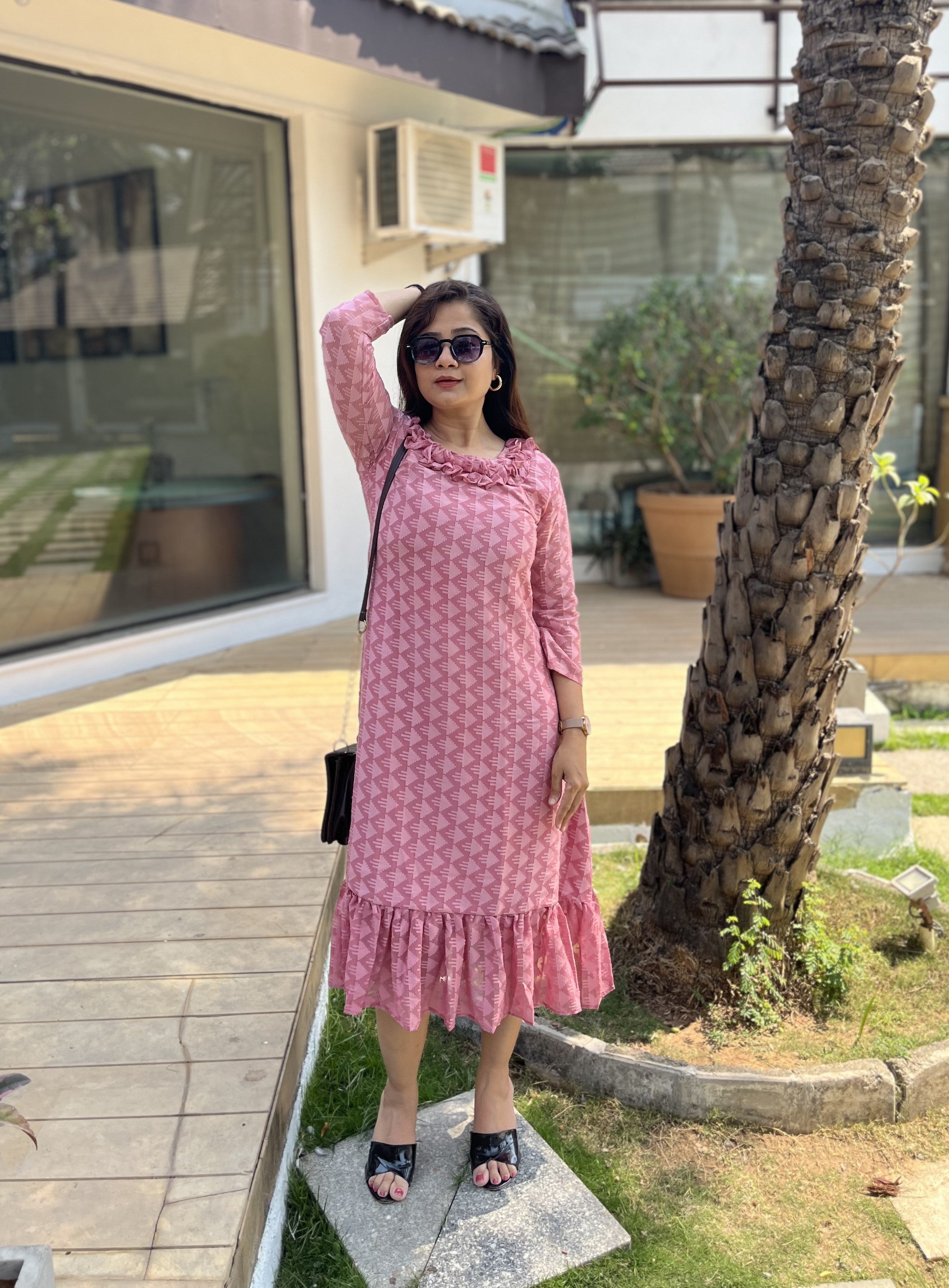 Women A Line Georgette Fabric Neck Gathering Patten Trending Dress For Attractive Look And Casual Look