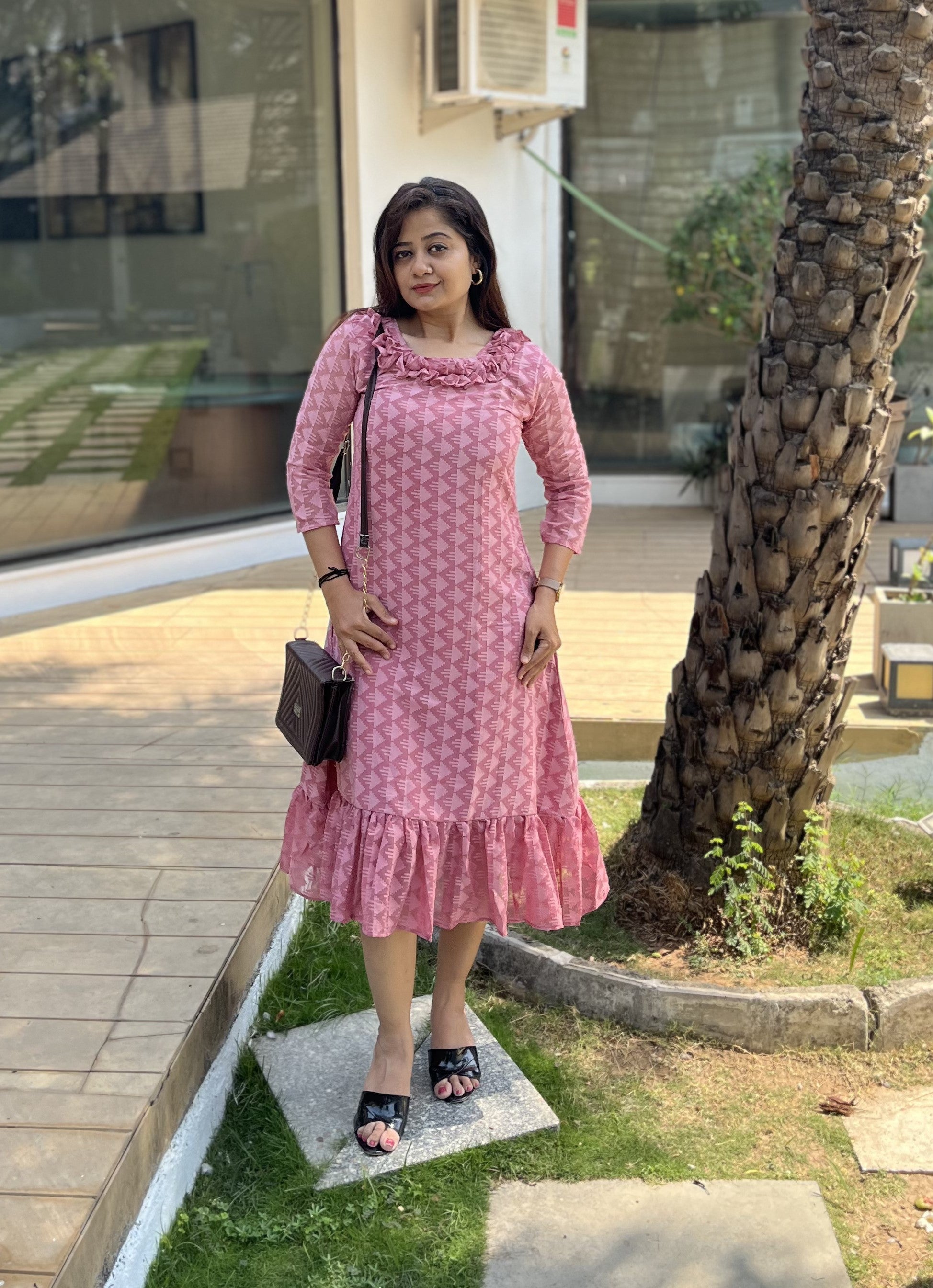 Women A Line Georgette Fabric Neck Gathering Patten Trending Dress For Attractive Look And Casual Look