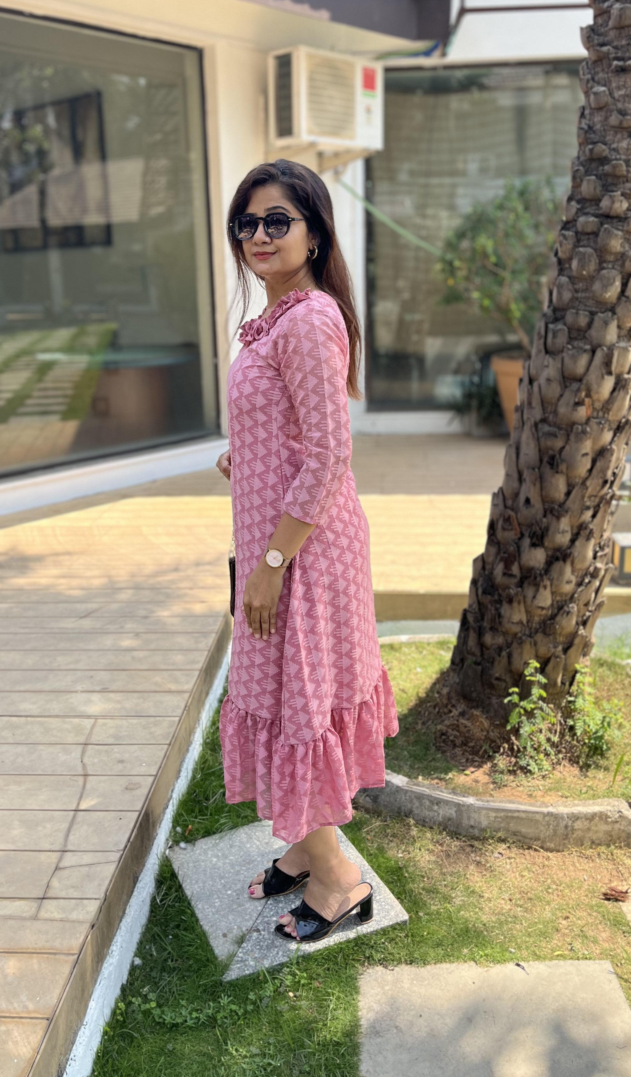 Women A Line Georgette Fabric Neck Gathering Patten Trending Dress For Attractive Look And Casual Look
