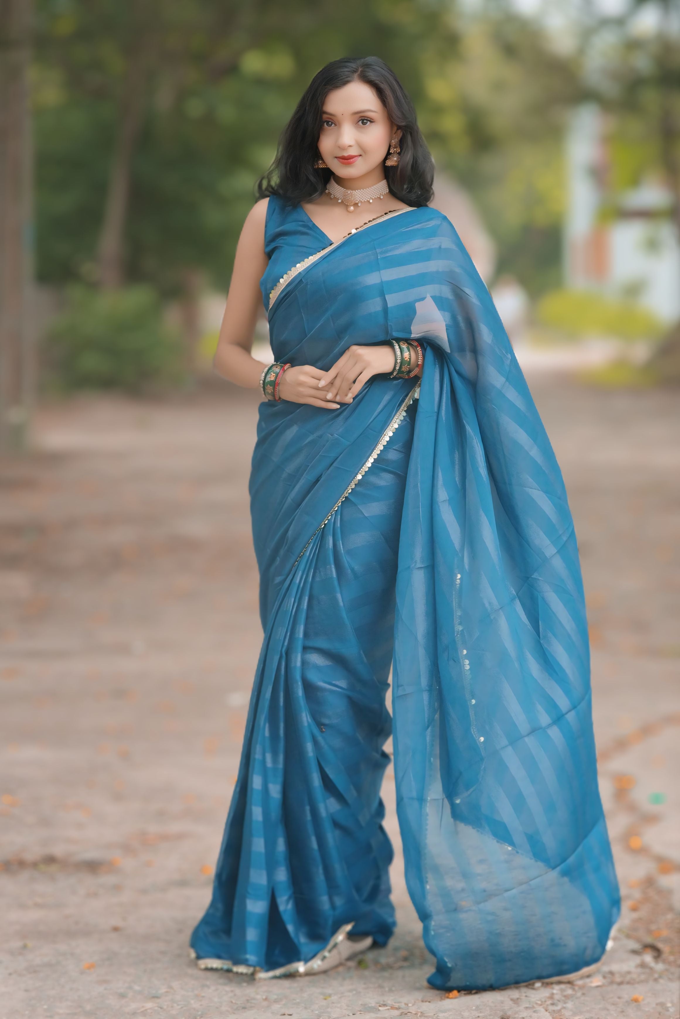 Bhanderi Fashion Moss Chiffon Zari Lining Saree With Sandwich Sequence Lace Border For Casual wear, function wear, and daily wear