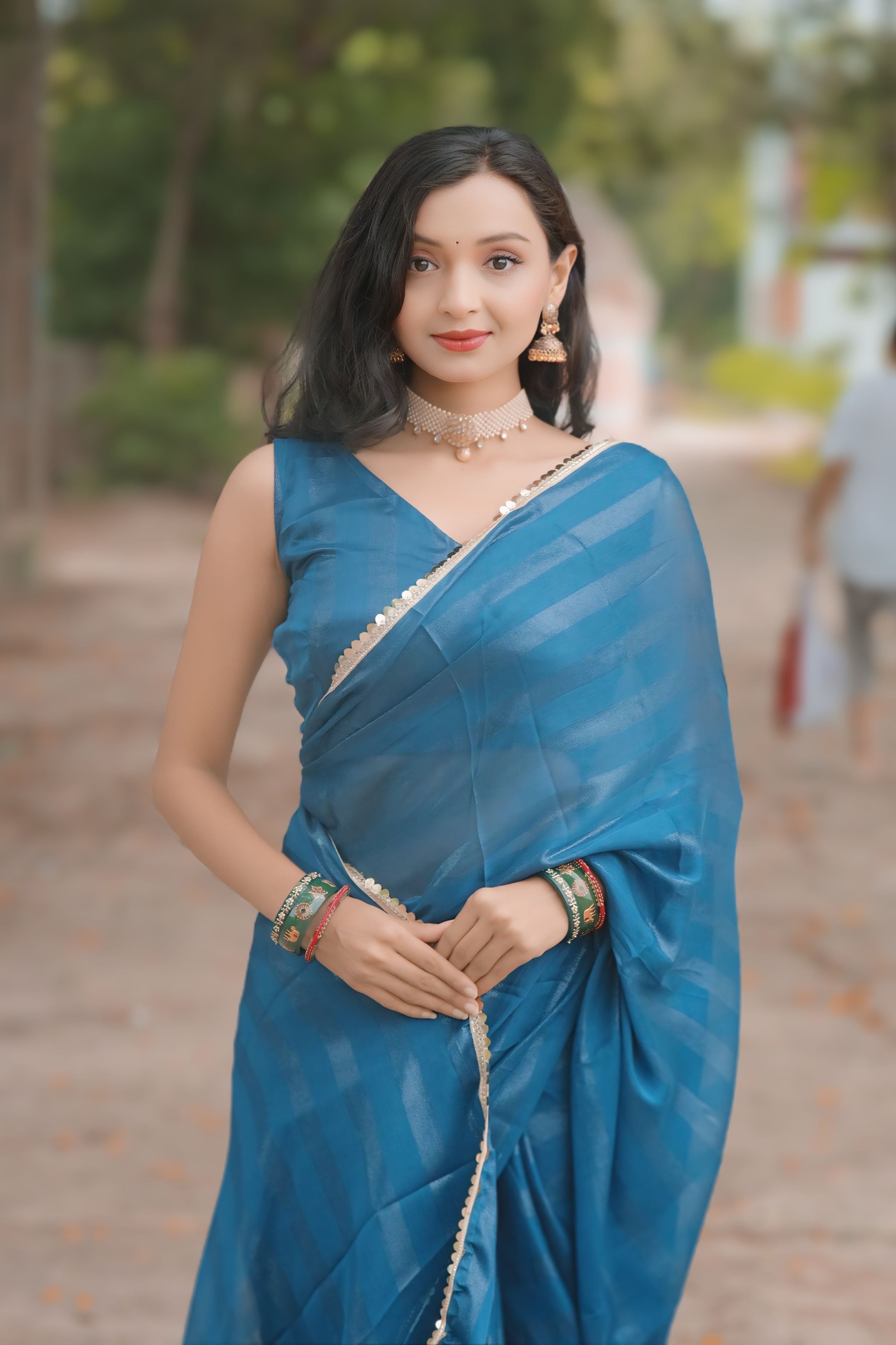 Bhanderi Fashion Moss Chiffon Zari Lining Saree With Sandwich Sequence Lace Border For Casual wear, function wear, and daily wear