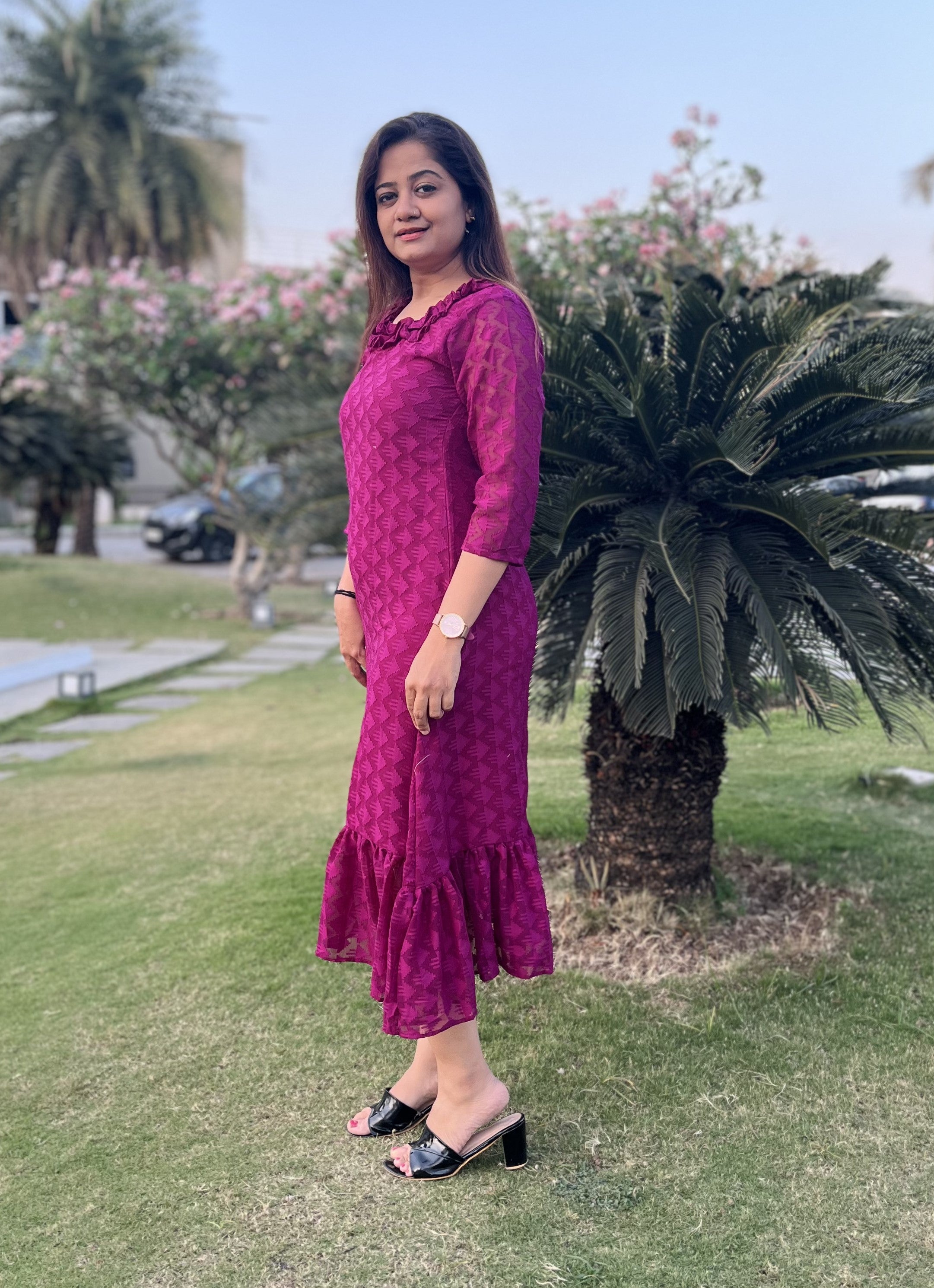 Women A Line Georgette Fabric Neck Gathering Patten Trending Dress For Attractive Look And Casual Look
