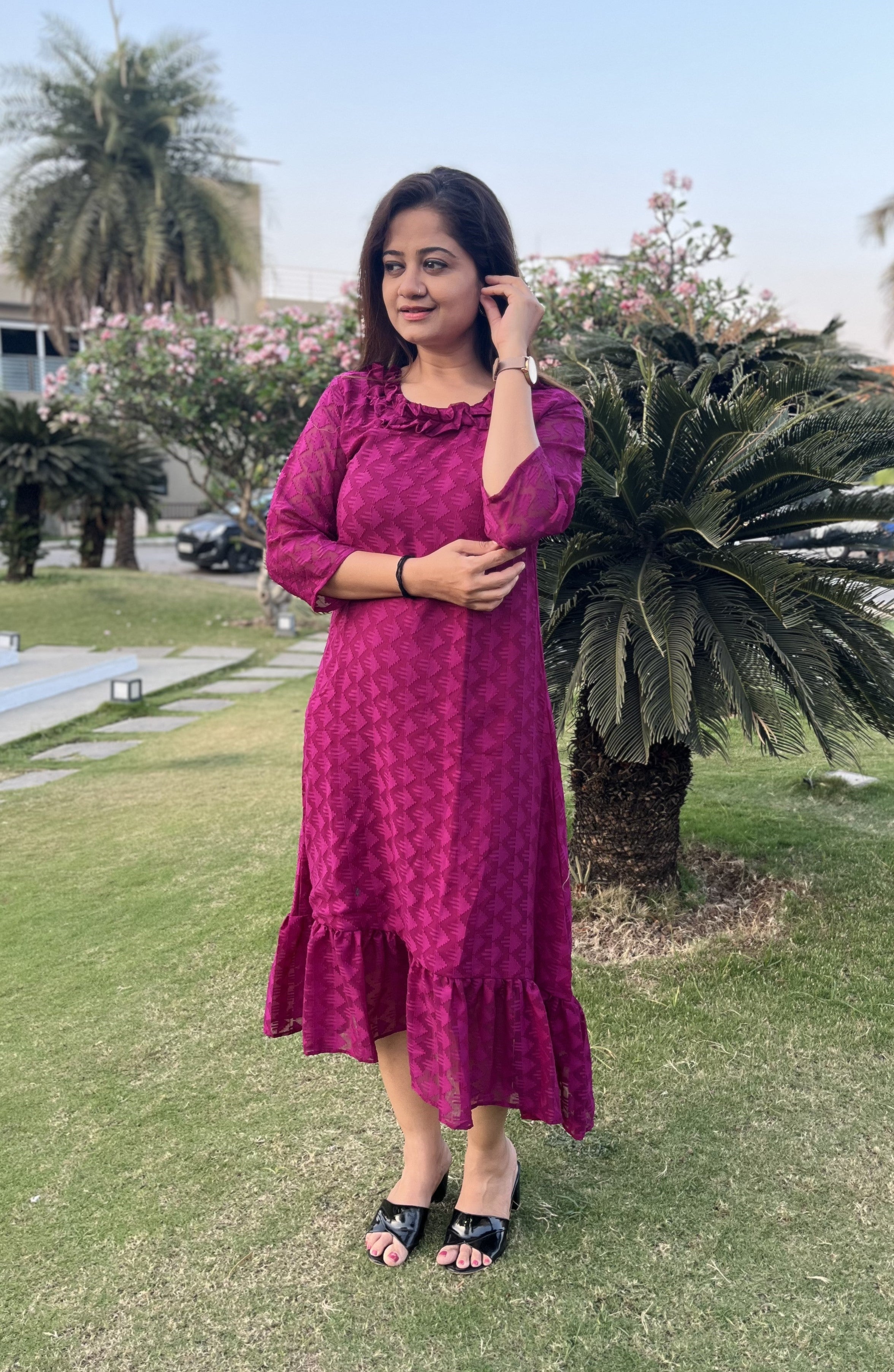 Women A Line Georgette Fabric Neck Gathering Patten Trending Dress For Attractive Look And Casual Look