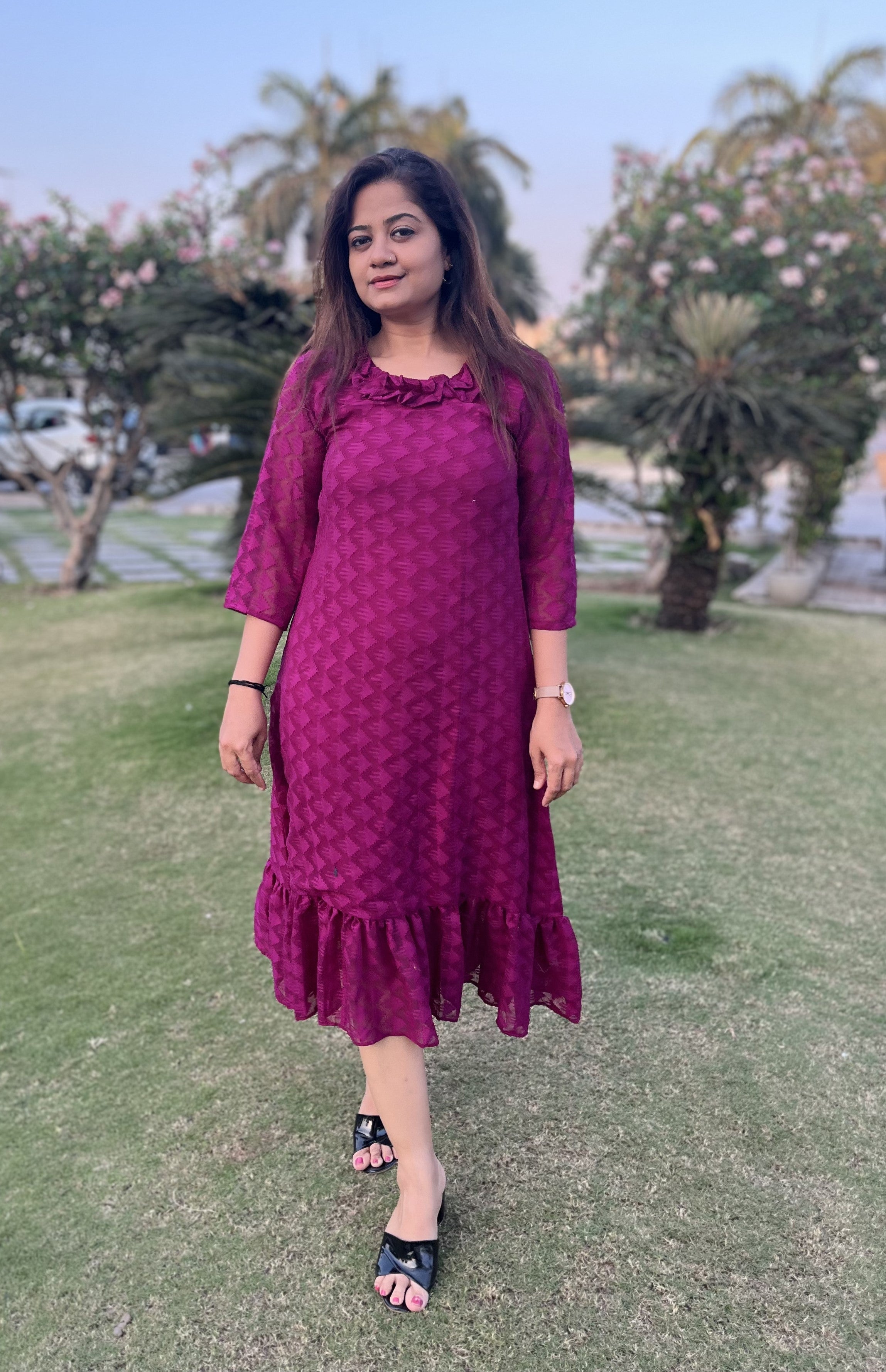 Women A Line Georgette Fabric Neck Gathering Patten Trending Dress For Attractive Look And Casual Look