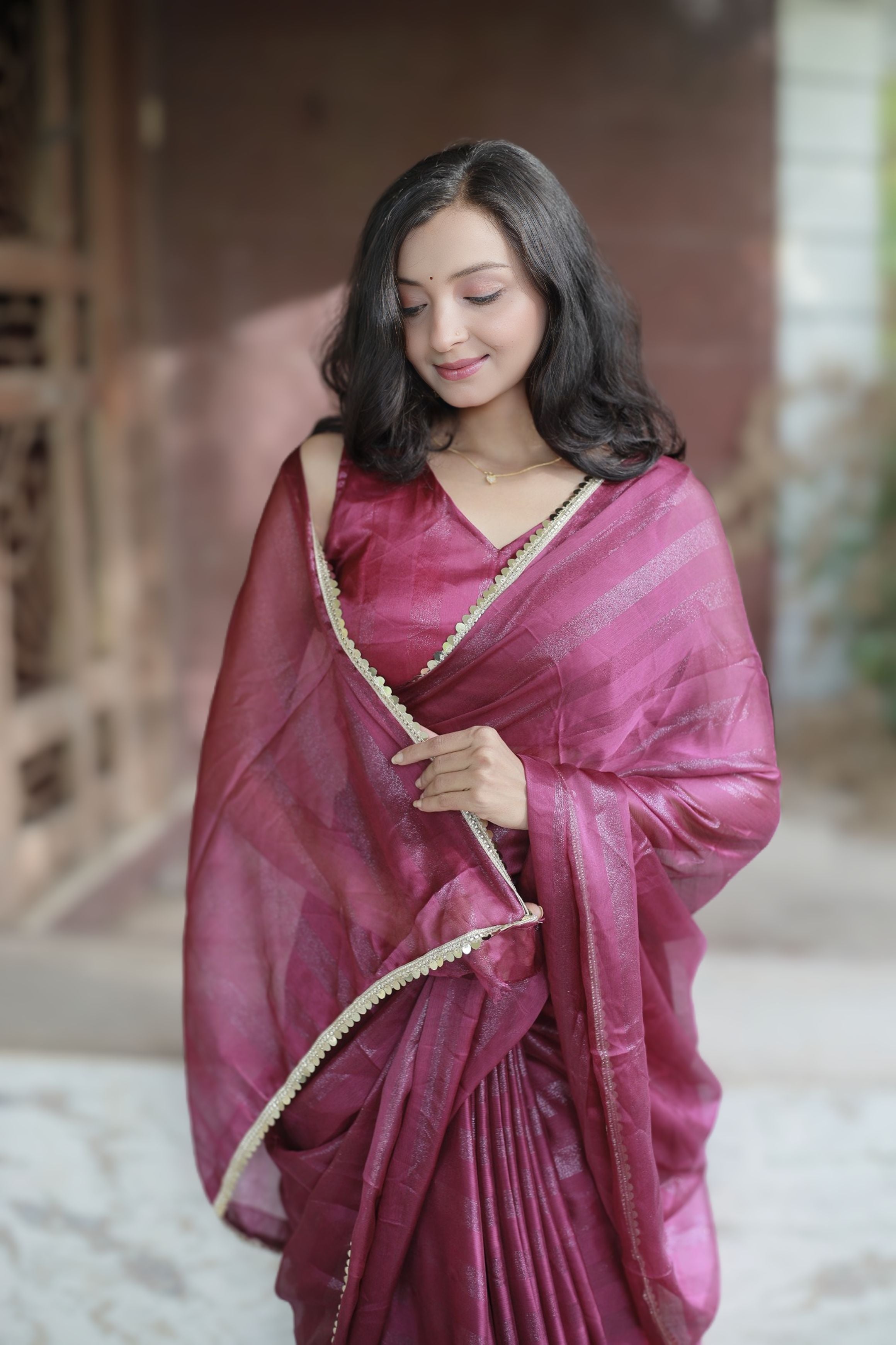 Bhanderi Fashion Moss Chiffon Zari Lining Saree With Sandwich Sequence Lace Border For Casual wear, function wear, and daily wear