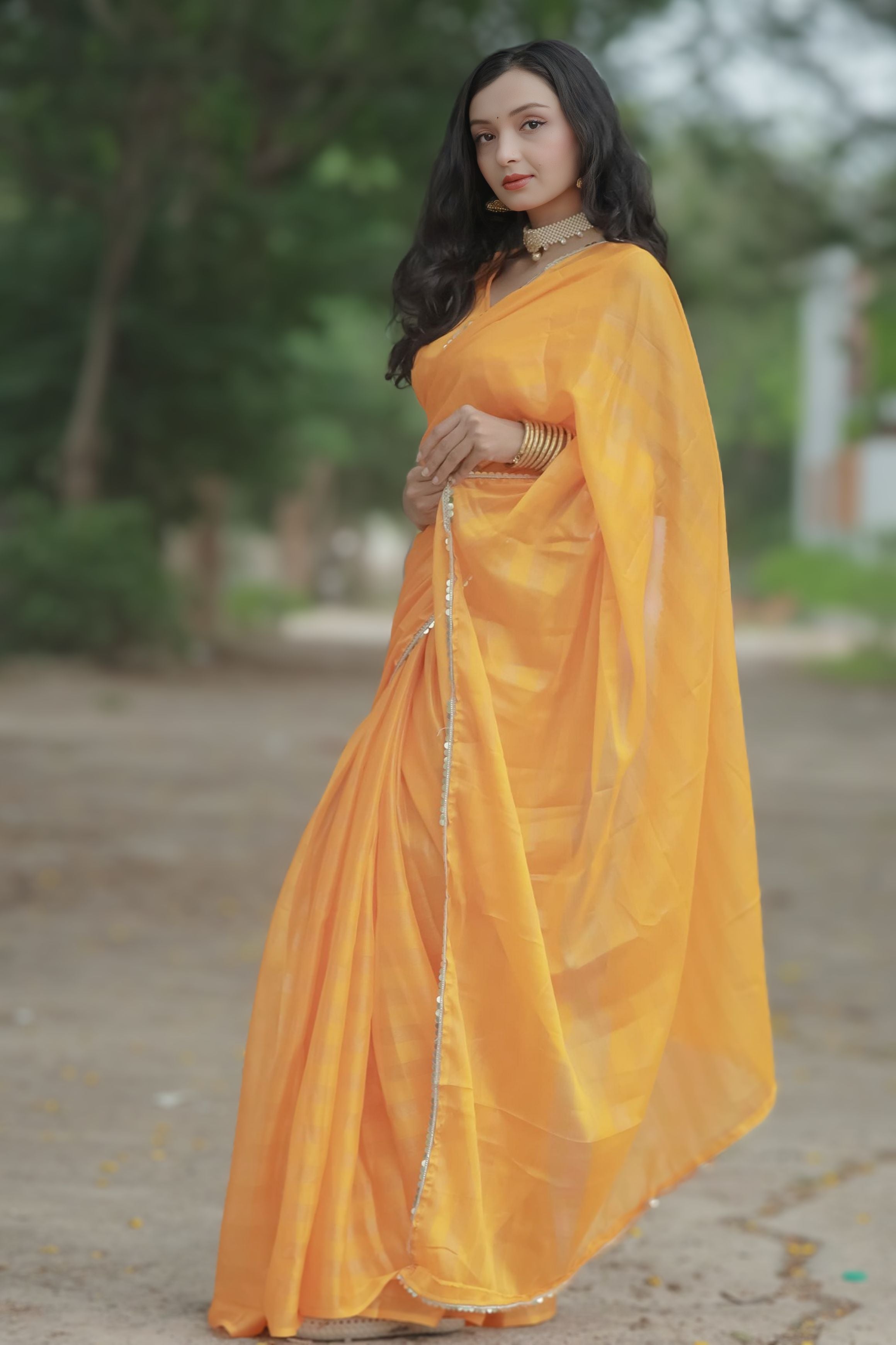 Bhanderi Fashion Moss Chiffon Zari Lining Saree With Sandwich Sequence Lace Border For Casual wear, function wear, and daily wear