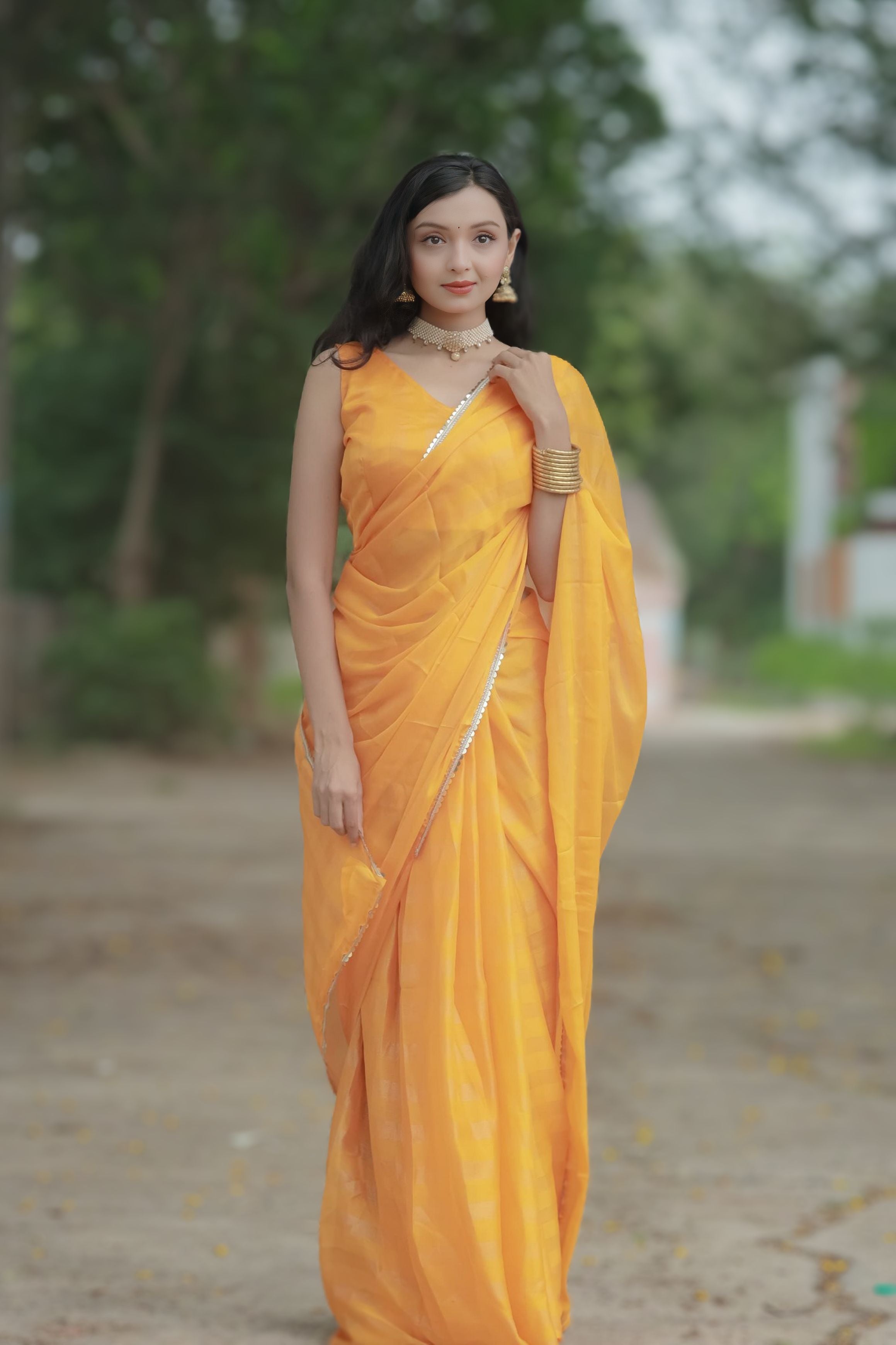 Bhanderi Fashion Moss Chiffon Zari Lining Saree With Sandwich Sequence Lace Border For Casual wear, function wear, and daily wear