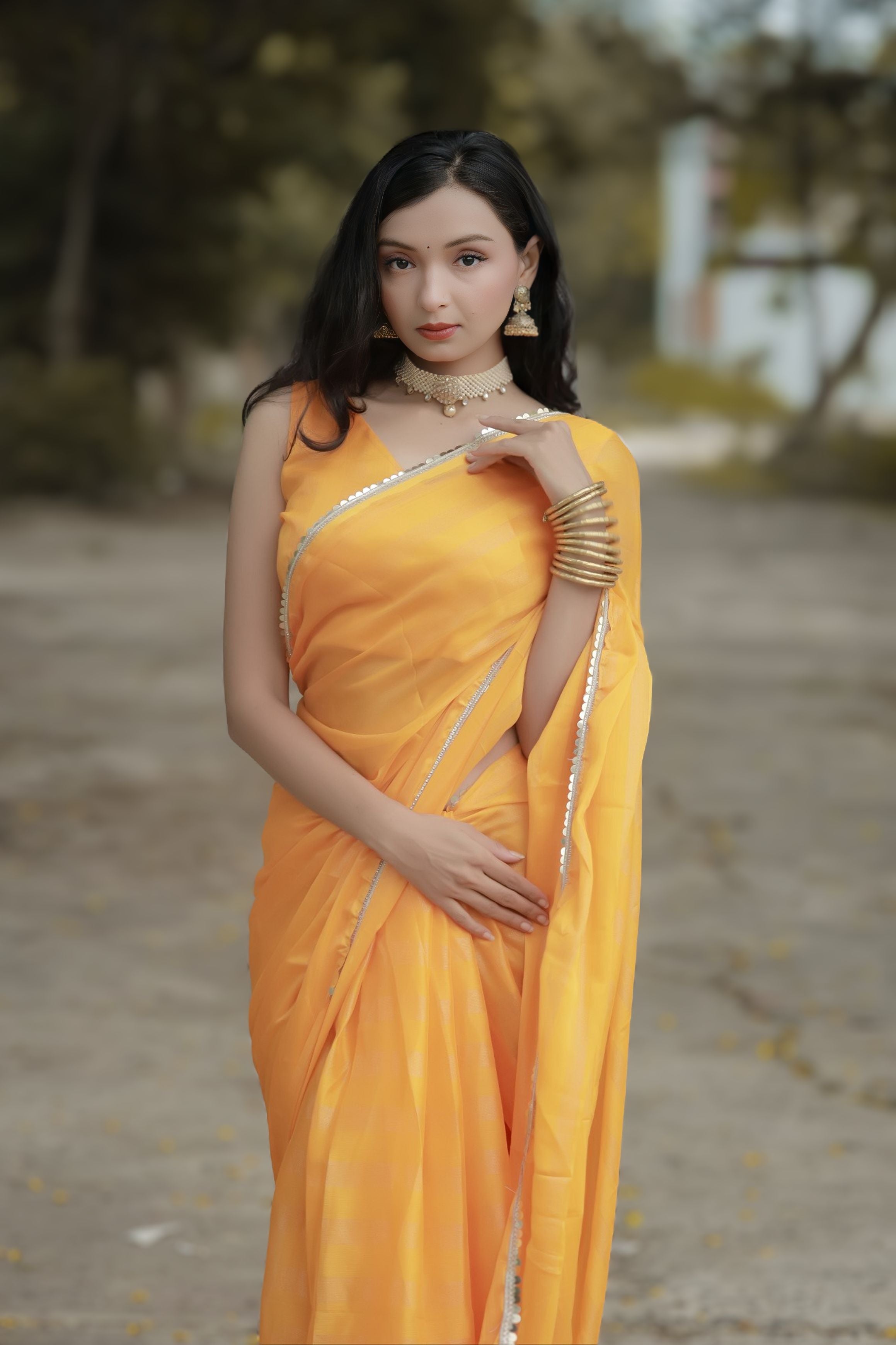 Bhanderi Fashion Moss Chiffon Zari Lining Saree With Sandwich Sequence Lace Border For Casual wear, function wear, and daily wear