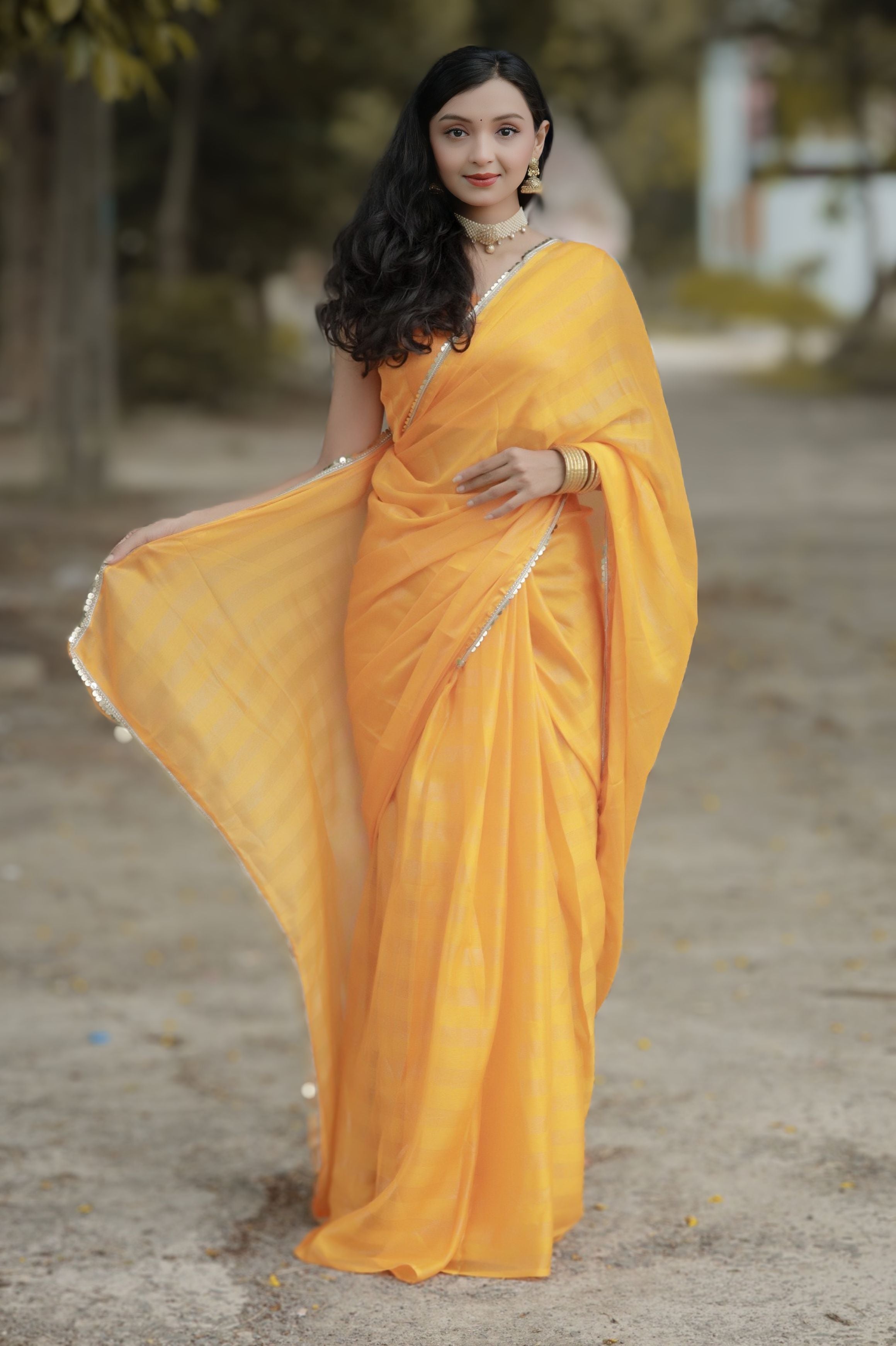 Bhanderi Fashion Moss Chiffon Zari Lining Saree With Sandwich Sequence Lace Border For Casual wear, function wear, and daily wear